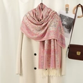Pink paisley jacquard scarf with fringe trim styled over a beige coat for a retro look - VE018 Beige