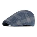 Retro blue plaid corduroy flat cap featuring vintage checkered pattern and soft texture - Adjustable / Navy Blue