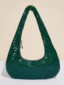 Detail of emerald green metal sequin mesh on a luxury evening handbag with gold zipper - Dark Green