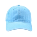 Detail view of light blue washed cotton baseball cap with classic six-panel construction - Lake Blue