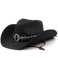 Classic black straw cowboy hat with metallic studded band and adjustable chin strap - M(56-58cm) / Black