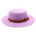 Detailed texture of light purple woven straw boater hat with a brown leather decorative band - Taro Purple