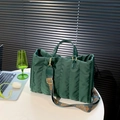 Dark green quilted tote bag with bohemian pattern wide strap and fluffy texture - Green