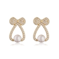 Pendientes de lazo bañados en oro con circonitas y perlas blancas - Dorado