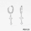 Silver stainless steel huggie earrings with white zircon charms and drop pendants - Double Zircon Rhombus Style (PD3125)