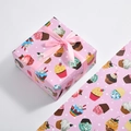 Pink gift wrapping paper with cupcake illustrations and white polka dots for birthdays - Pink Background Cake