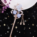 Rose gold hair pin with blue floral decor and hanging tassel on black star fabric - Rose Gold Blue Flower Rhinestone Pearl Tassel (FZ046)