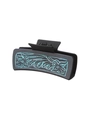 Matte black rectangular hair claw clip with turquoise embossed floral patterns - Black Turquoise Floral Embossing (90171)