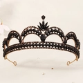 Elegant gold metal tiara featuring black crystal centerpiece and round black beads - Gold/Black Beads