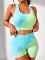 Conjunto de yoga sin costuras tie-dye azul cielo y verde neón con sujetador deportivo - S / Tie-Dye Azul y Verde