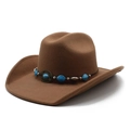 Classic brown western cowboy hat in wool felt with turquoise bead trim and curved brim - M(56-58cm) / Khaki