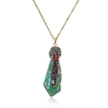 Macro detail of natural green crystal pendant with colorful stones and gold chain - Green