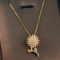 Elegant gold sunflower necklace with sparkling zircon petals on a delicate fine chain - Gold - Spinning Sunflower