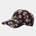 Close-up of floral pattern detail on a black canvas baseball cap with vivid rose print - Adjustable / Black