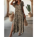 Sommerliches Freizeit-Maxikleid mit V-Ausschnitt und Leopardenmuster für Damen - S / Oberteile / Khaki