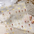 Retro nail art stickers featuring red roses, golden hearts and embossed pearls - TL-365 Gold Bronzing Relief Style