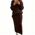 Ensemble en maille torsadée marron foncé pour femme avec pull et jupe mi-longue - 3XL / Haut Et Bas / Marron