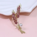 Elegant gold wheat brooch with pink rhinestones and a white pearl accent - Purple Wheat Ear Pearl
