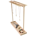 Natural wood jewelry display stand with top hooks and tray for necklaces and watches - Natural Wood Double-Sided Hook Rack (Wood Nails)