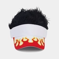 Close-up of a white visor with red flame embroidery and black synthetic hair wig - Adjustable / White + Black Wig