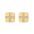 Detailed view of golden square stud earrings featuring a cross pattern set with clear crystals - Gold Square 1 Pair