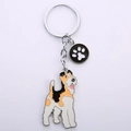 Detail von Emaille-Drahthaar-Foxterrier-Anhänger und schwarzem Pfotenabdruck auf Silber-Keyring - Terrier Pfote