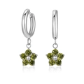 Silver hoop earrings with olive green zircon flower pendants and a polished finish - Steel + Olive Green Zirconia