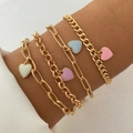 Set of four gold-tone chain bracelets with colorful heart charms in white, purple, and blue - HS1159-6 (Gold 4-Piece Set/Colorful Heart)