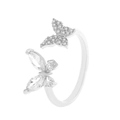 Adjustable silver butterfly ring with sparkling cubic zirconia in a bypass open design - Asymmetric Pavé Butterfly Style (A-89)
