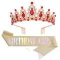 Birthday Girl party set with gold crystal tiara and matching glitter sash accessory - Red Gold Holographic (Girl)