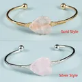 Handcrafted gold and silver open bangles with heart-shaped pink quartz and wire wrapping - Gold Style / Rose Quartz