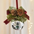 Christmas bell ornament with red velvet bow, pine cones and green needles - Silver Bell 6.5cm