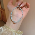Elegant French pearl bracelet with light blue mineral beads and silver metal spacers - 89# Bracelet-White-Blue
