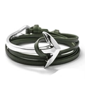 Detail of silver anchor clasp and multi-layer olive green leather wrap bracelet - Silver Green