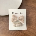 Beige tweed bow and lace flower hair clips set on a card for women and kids - Bow + Square Flower