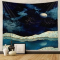 Abstract mountain wall tapestry with crescent moon and starry night sky in navy blue - Serene Moonlit Night Mountains and Waves (GT428-32)