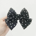 Handheld black satin bow hair clip with white polka dots for elegant hair styling - Kids Duckbill Clip / Black Polka Dot