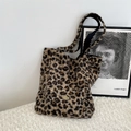 Large leopard print plush tote bag with gold logo on soft faux fur texture - Brown Leopard Print
