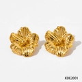 Vintage-style 3D flower stud earrings in gold finish with brushed metal texture - Flower Style (KDE2001) / Gold