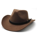 Close-up of brown wool felt cowboy hat featuring black leather band and metal buckle - M (56-58cm) / Dark Coffee