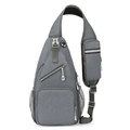 Grey crossbody sling bag with textured fabric, multi-pocket design and headphone port - Light Gray