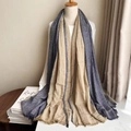 Artistic striped cotton linen scarf in dark blue gray and khaki beige with frayed edges - Navy and Khaki