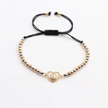 Verstellbares gewebtes schwarzes Armband mit Zirkonia-Herz und Evil Eye Schutzsymbol - Dreifarbige Goldperlen Herz Teufelsauge / Bunte Kette