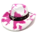 Cowboyhut mit rosa-weißem Kuhmuster, schwarzem Lederband und einem Metallstier-Logo - M (56-58cm) / Herz-Krone Rosenrot