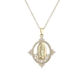Goldene Madonna Halskette mit Zirkonia-Steinen auf weißem Hintergrund - Klarer Zirkon Jungfrau Maria Anhänger