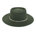 Detail of dark green straw fedora hat featuring a stylish thick silver metal chain band - M(56-58cm) / Dark Green