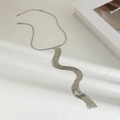 Detailed view of silver snake chain tassel necklace with adjustable lobster clasp closure - 10 White K (R5607)