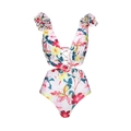 Maillot de bain blanc avec imprimé hibiscus tropical et découpes latérales à anneaux - S / Maillot de bain une pièce évidé avec col en V profond
