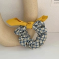 Blue and yellow plaid scrunchie with a yellow ribbon bow for balletcore style hair styling - Blue Yellow Plaid Bow