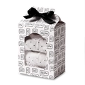 Weiße Geschenkschachtel mit Kaktusmuster, Fenster und schwarzer Schleife zur Verpackung - Schwarz-weißes verspieltes Buchstabenmuster / 9.8*6.7*12.5cm